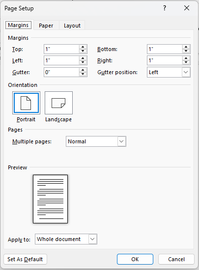 Page setup Margins dialog in Word